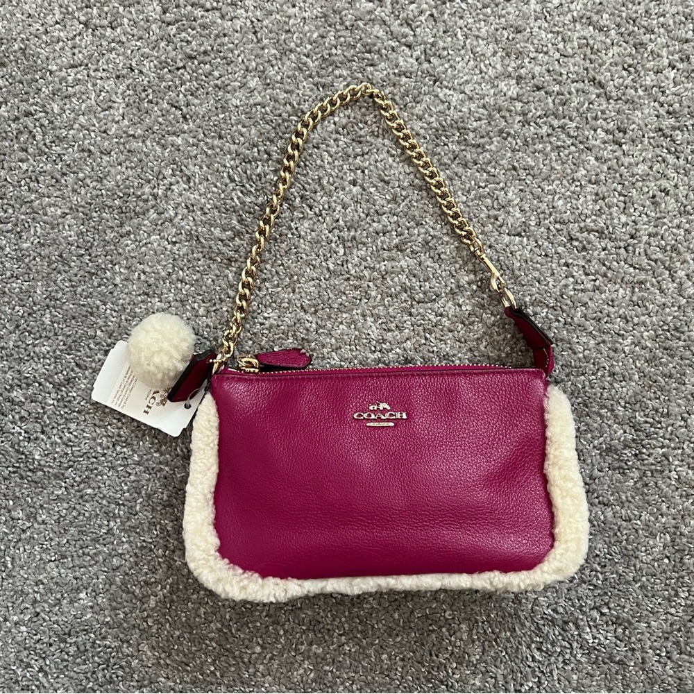 Coach shearling trim large wristlet 19 bag NWT with Pom Pom